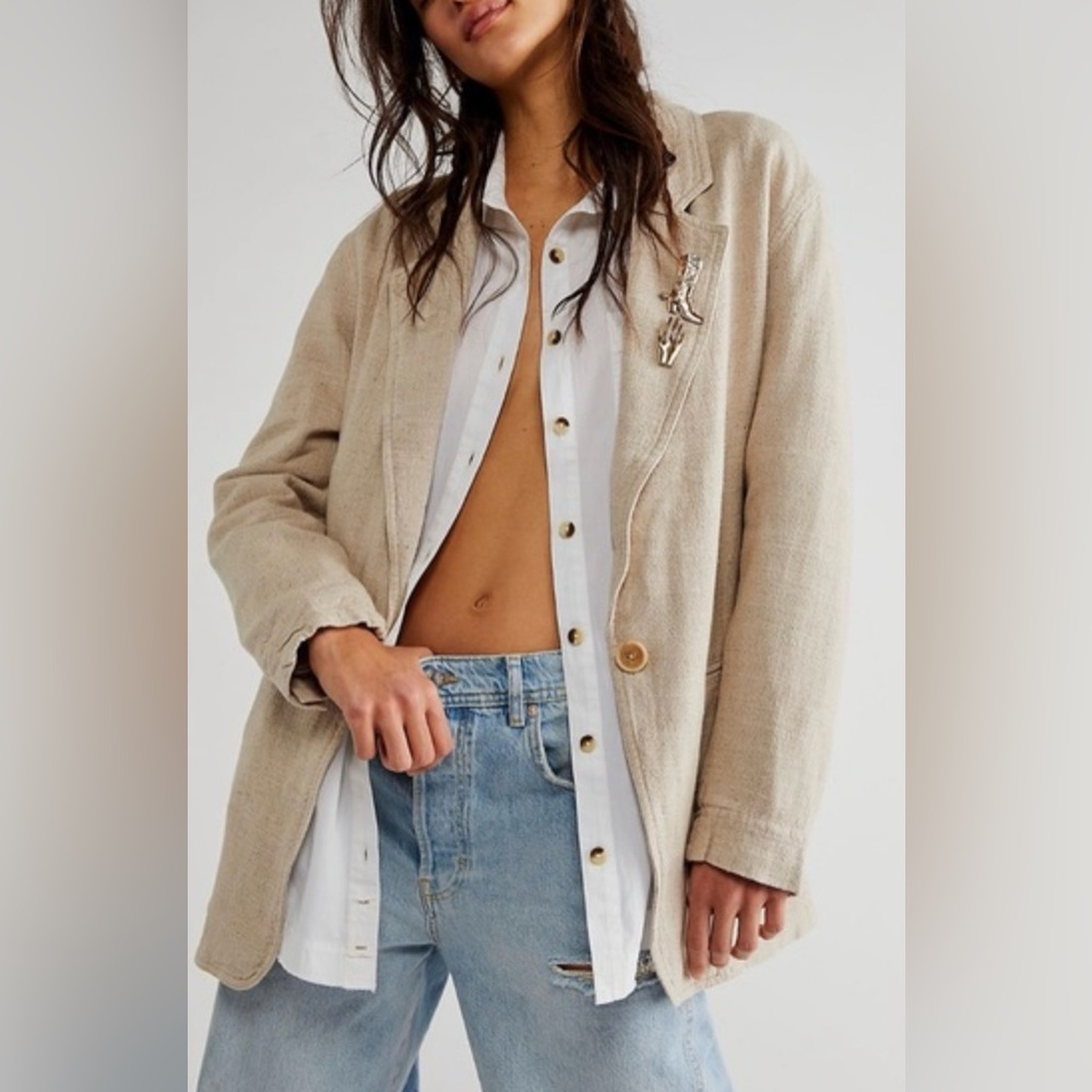 We‎ The Free Oversized Linen Blend Beckett Boyfriend Blazer Jacket in Oatmeal XS